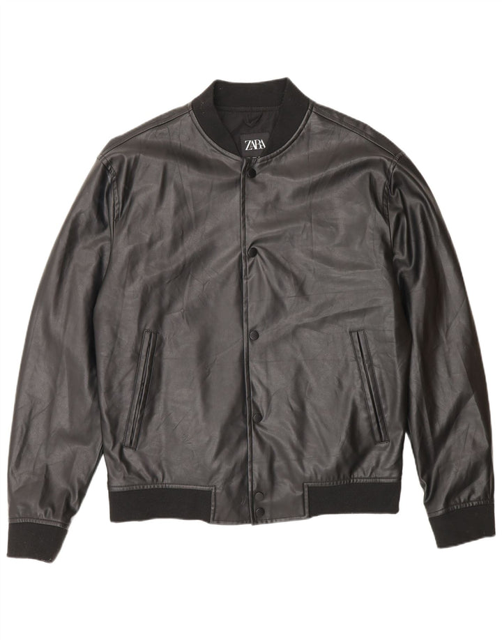Zara Mens Faux Leather Jacket UK 40 Large Black Polyester