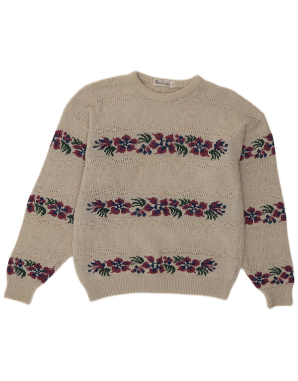 Vintage Womens Crew Neck Jumper Sweater UK 16 Large Beige Floral Acrylic