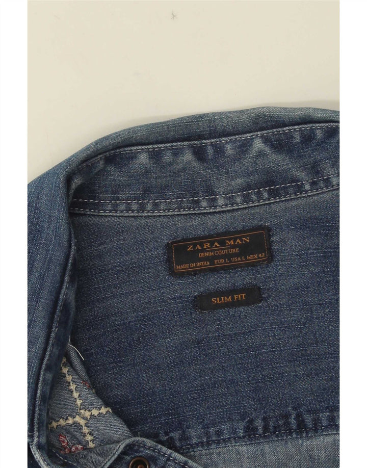 Zara Mens Slim Fit Denim Shirt Large Blue Geometric