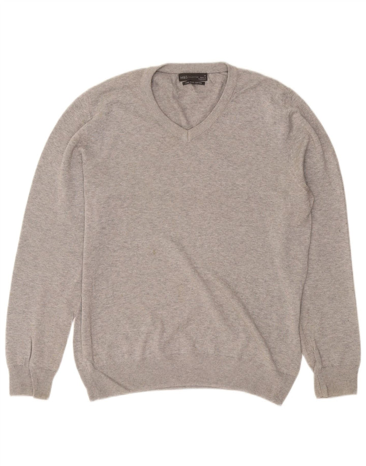 Marks & Spencer Mens V-Neck Jumper Sweater Medium Grey Flecked Cotton