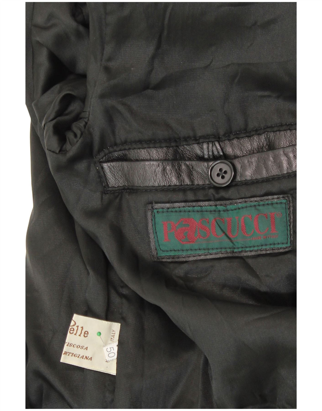 PASCUCCI Mens Double Breasted Leather Coat IT 50 Large Black Leather