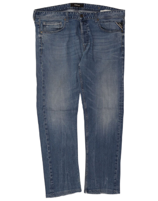 REPLAY Mens Straight Jeans W38 L29 Blue Cotton