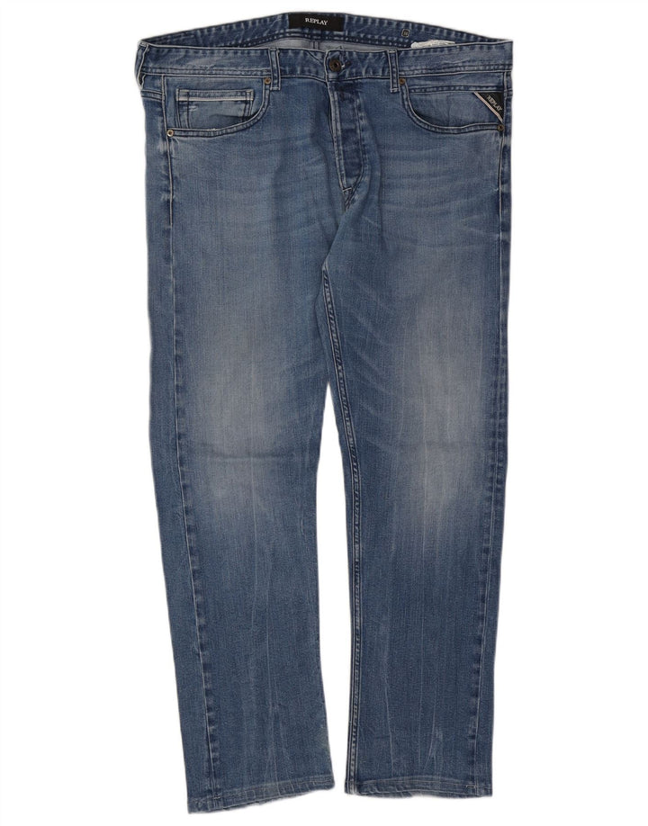 REPLAY Mens Straight Jeans W38 L29 Blue Cotton