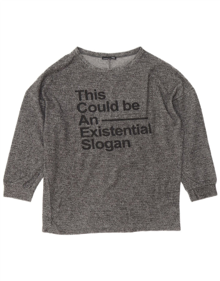 Zara Womens Oversized Graphic Top Long Sleeve UK 8 Small Grey Flecked