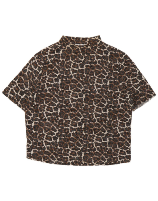 Zara Womens Trafaluc Crop Blouse Top UK 14 Large Beige Animal Print Viscose