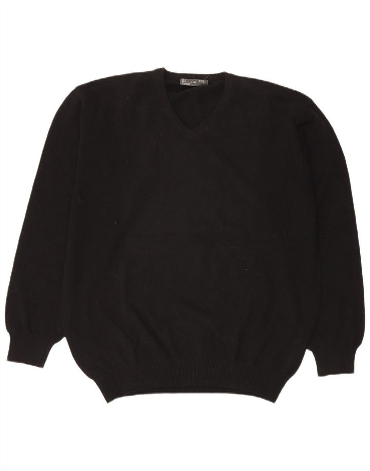 Zara Mens V-Neck Jumper Sweater Large Black Wool