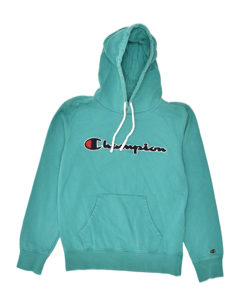 CHAMPION Womens Graphic Hoodie Jumper UK 10 Small Turquoise Cotton | Vintage Champion | Thrift | Second-Hand Champion | Used Clothing | Messina Hembry 