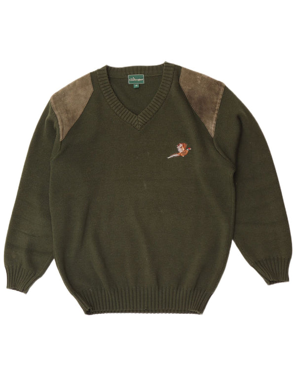 Country Mens Wear V-Neck Jumper Sweater EU 40 Medium Green Colourblock Wool