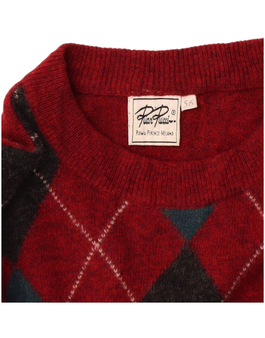 Rian Rucci Mens Crew Neck Jumper Sweater IT 56 XL Red Argyle/Diamond