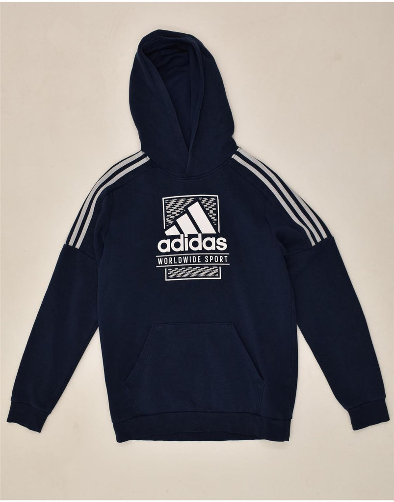 ADIDAS Boys Graphic Hoodie Jumper 13-14 Years Navy Blue Cotton | Vintage Adidas | Thrift | Second-Hand Adidas | Used Clothing | Messina Hembry 