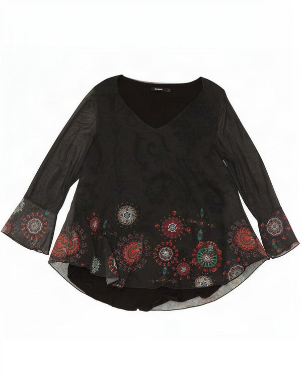 Desigual Womens Long Sleeve Tunic Top UK 12 Medium Black Paisley Polyester