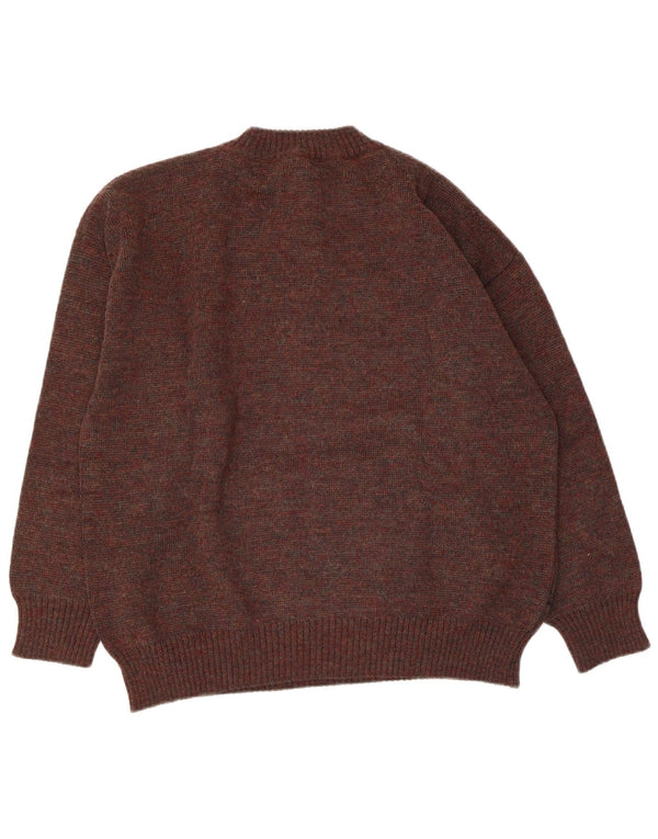 Vintage Mens Graphic Button Neck Jumper Sweater Large Brown Acrylic
