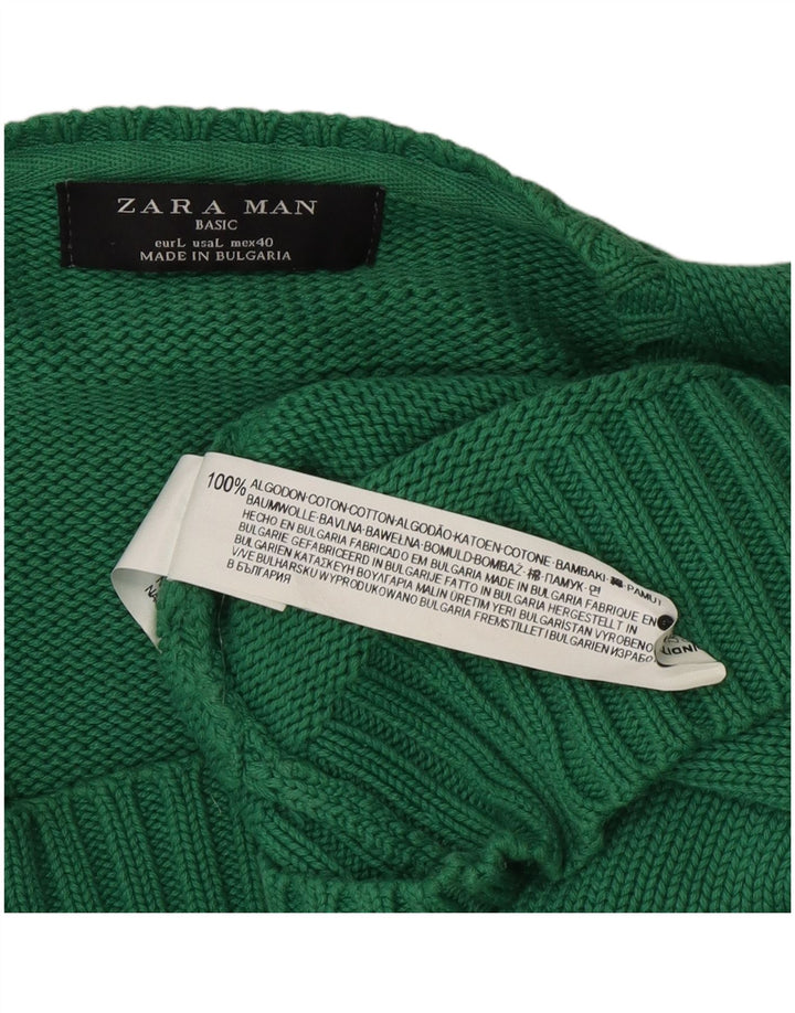 Zara Mens V-Neck Jumper Sweater Large Green Cotton