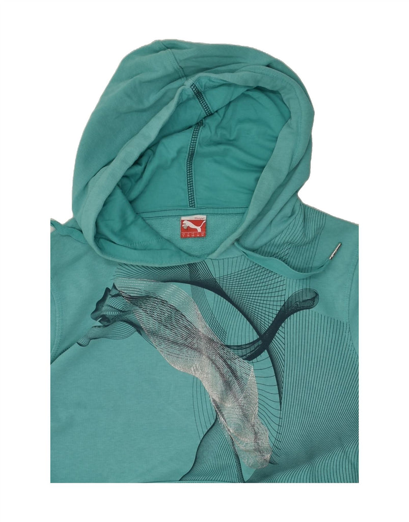 PUMA Womens Graphic Hoodie Jumper UK 10 Small Turquoise Cotton | Vintage Puma | Thrift | Second-Hand Puma | Used Clothing | Messina Hembry 