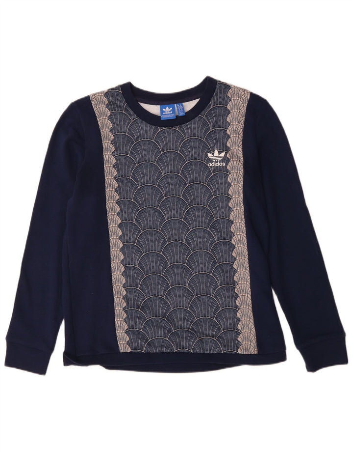 ADIDAS Womens Graphic Sweatshirt Jumper UK 14 Medium Navy Blue Geometric