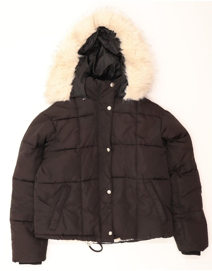 Topshop Womens Hooded Oversized Padded Jacket UK 8 Small Black Polyester