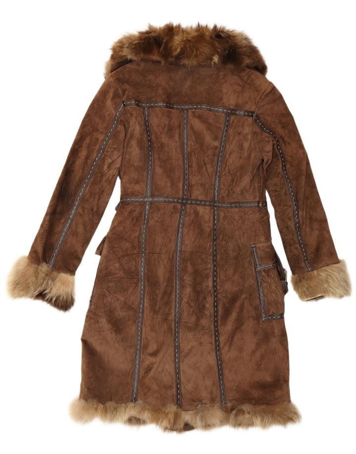 Rene Derhy Womens Suede Fur Overcoat UK 14 Medium Brown Leather