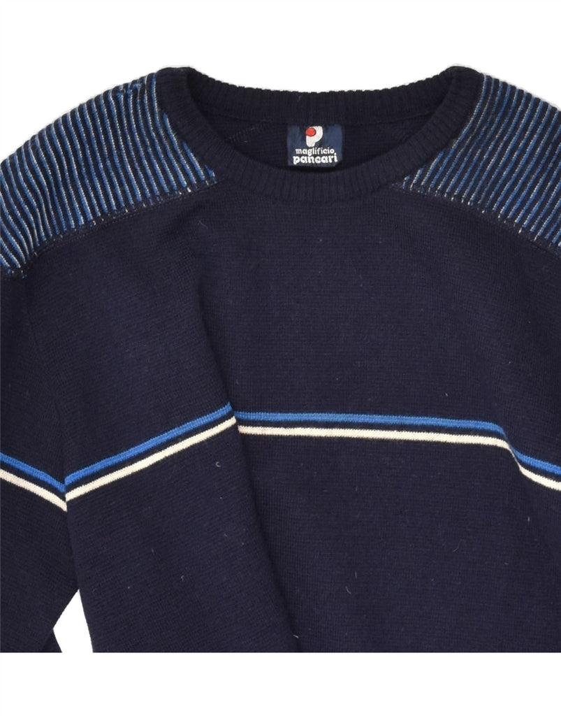 VINTAGE Mens Crew Neck Jumper Sweater Small Navy Blue Striped Virgin Wool | Vintage Vintage | Thrift | Second-Hand Vintage | Used Clothing | Messina Hembry 