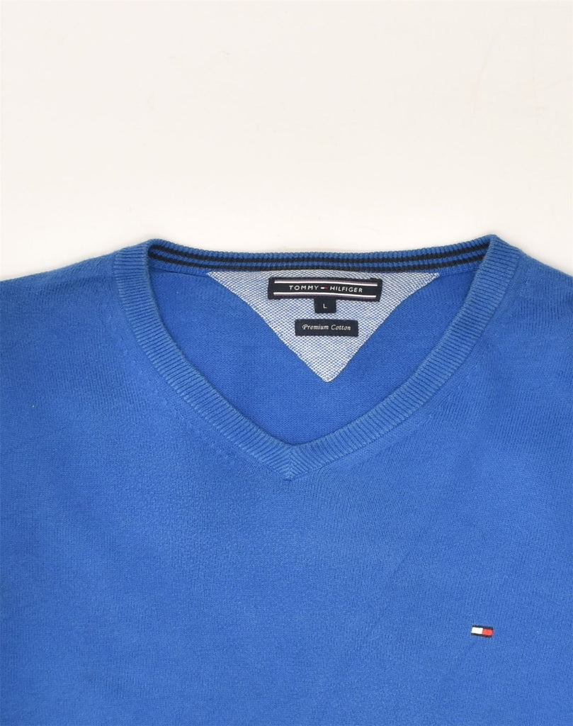 TOMMY HILFIGER Mens V-Neck Jumper Sweater Large Blue Cotton | Vintage Tommy Hilfiger | Thrift | Second-Hand Tommy Hilfiger | Used Clothing | Messina Hembry 