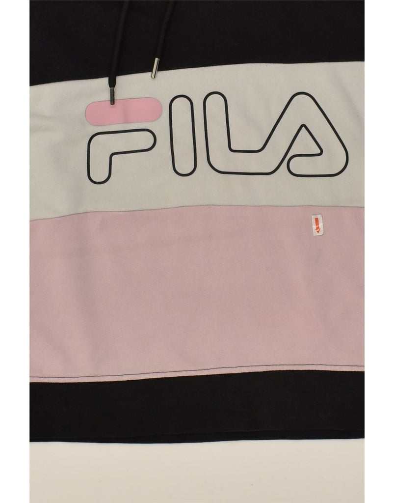 FILA Womens Graphic Crop Hoodie Jumper UK 16 Large Black Colourblock | Vintage Fila | Thrift | Second-Hand Fila | Used Clothing | Messina Hembry 