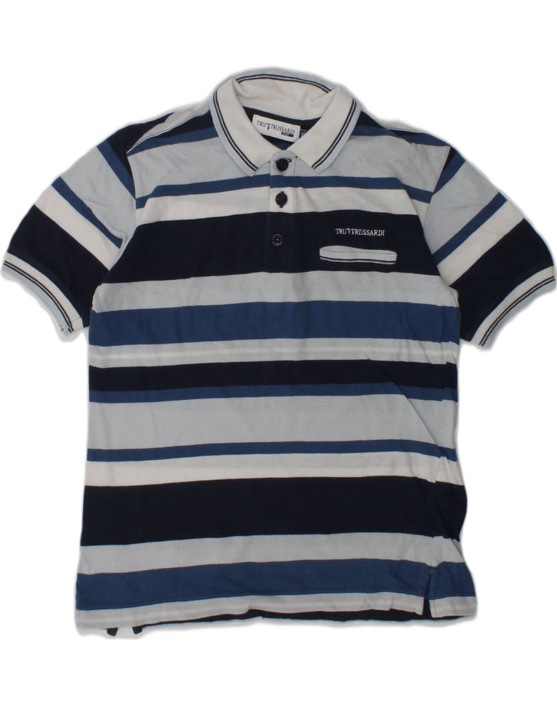 TRUSSARDI JUNIOR Boys Polo Shirt 7-8 Years Blue Striped Cotton | Vintage Trussardi Junior | Thrift | Second-Hand Trussardi Junior | Used Clothing | Messina Hembry 