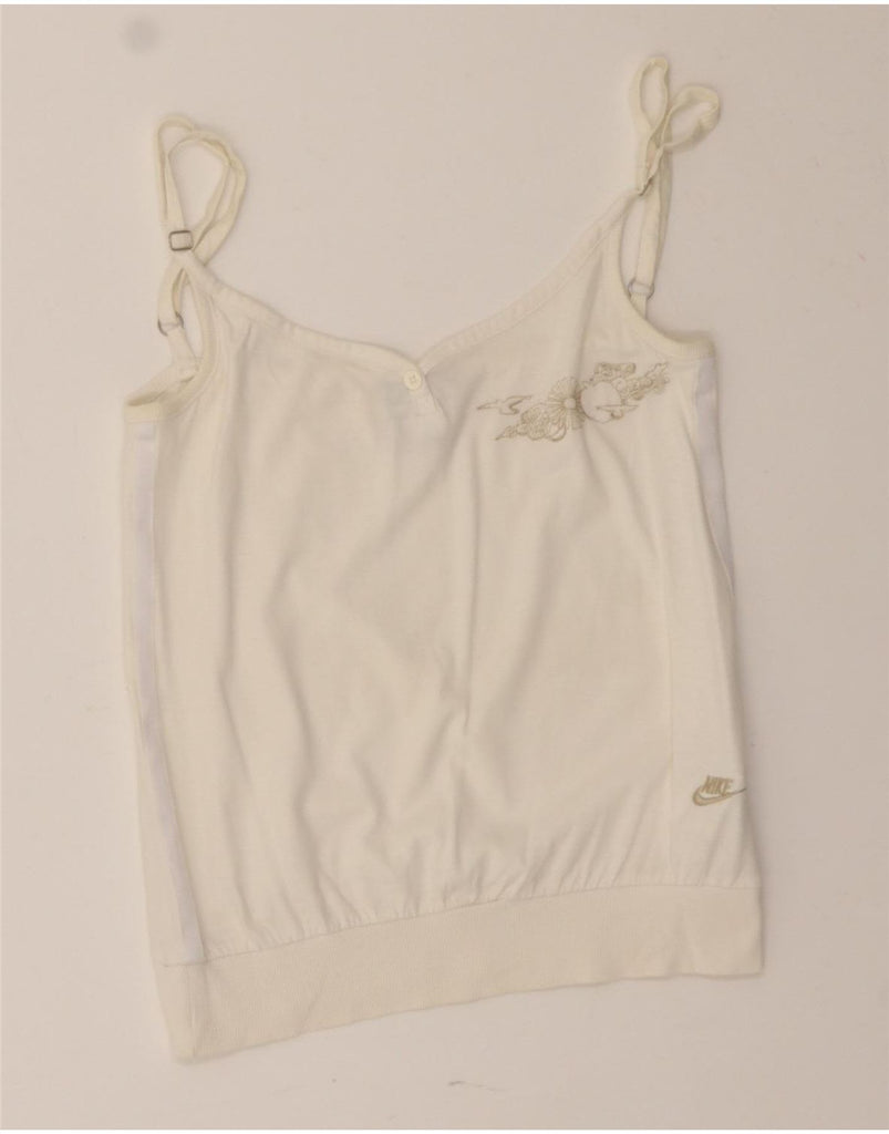NIKE Womens Graphic Cami Top UK 8/10 Small White Cotton Vintage Nike and Second-Hand Nike from Messina Hembry 