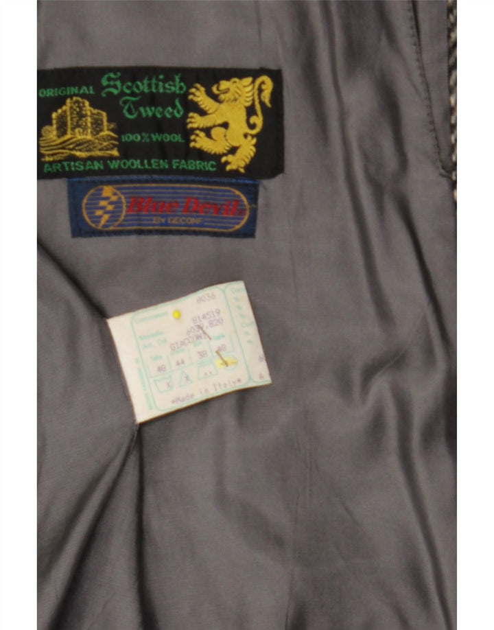 BLUE DEVIL Mens Overcoat UK 38 Medium Grey Herringbone Wool