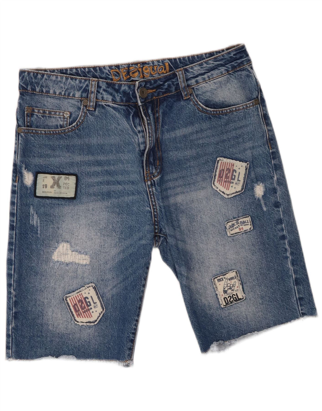 Desigual Mens Distressed Denim Shorts W30 Medium Blue Patchwork Cotton