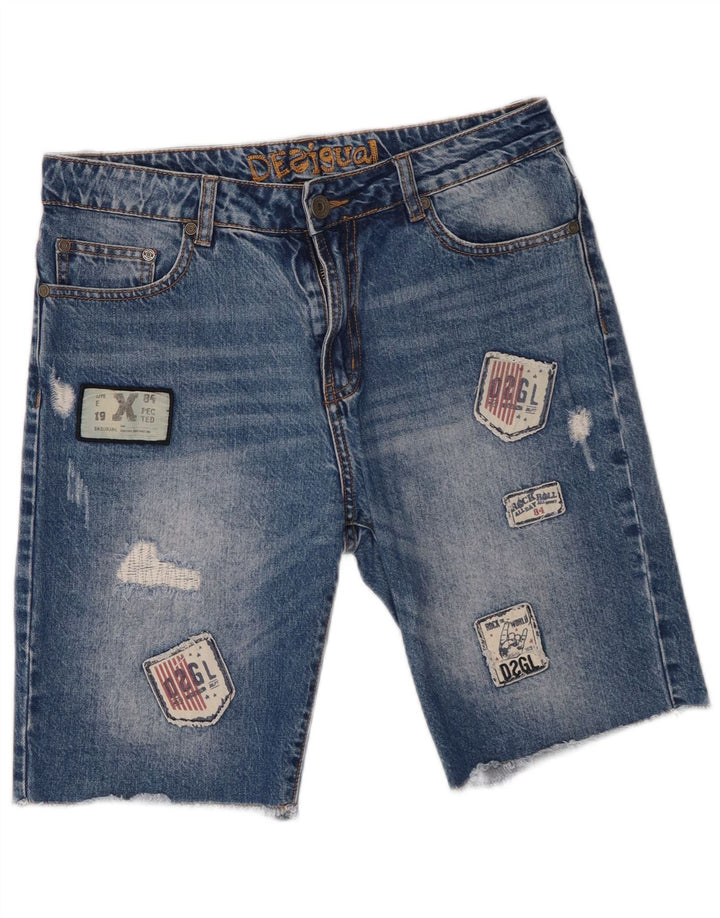 Desigual Mens Distressed Denim Shorts W30 Medium Blue Patchwork Cotton