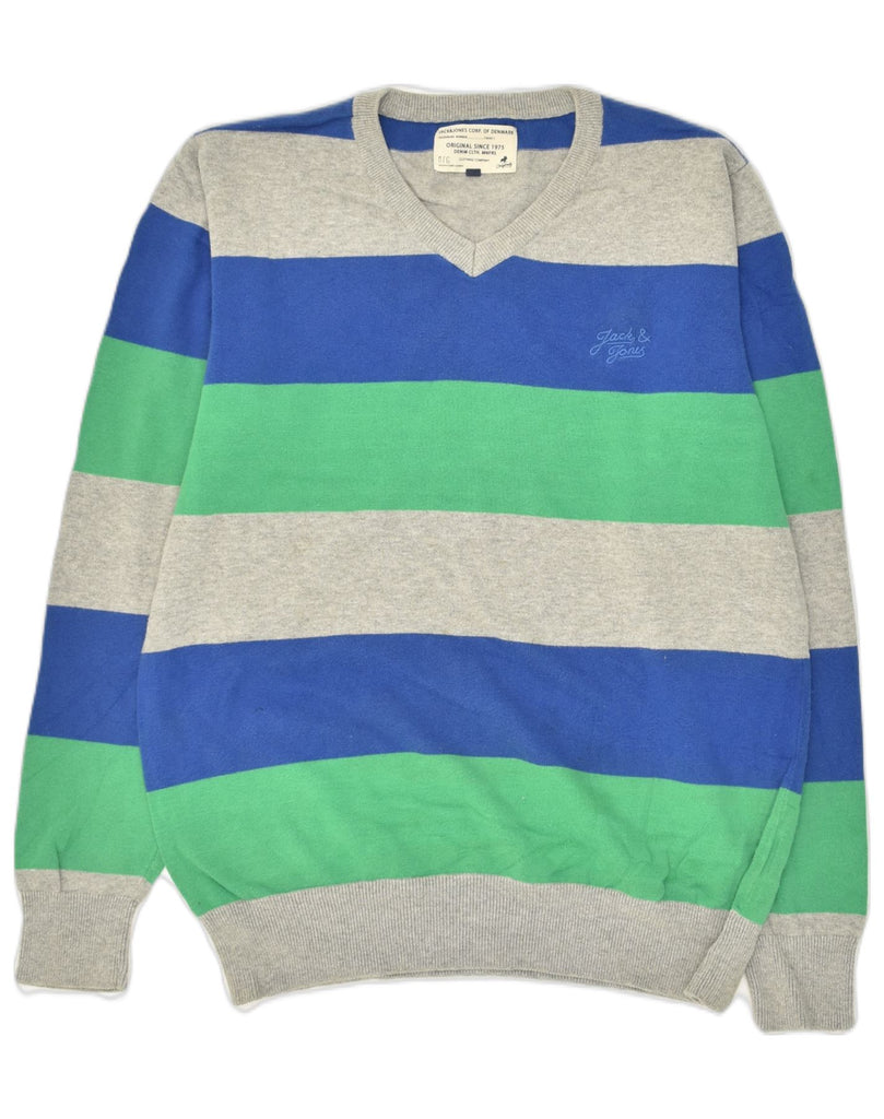 JACK & JONES Mens V-Neck Jumper Sweater Large Multicoloured Striped Cotton | Vintage Jack & Jones | Thrift | Second-Hand Jack & Jones | Used Clothing | Messina Hembry 