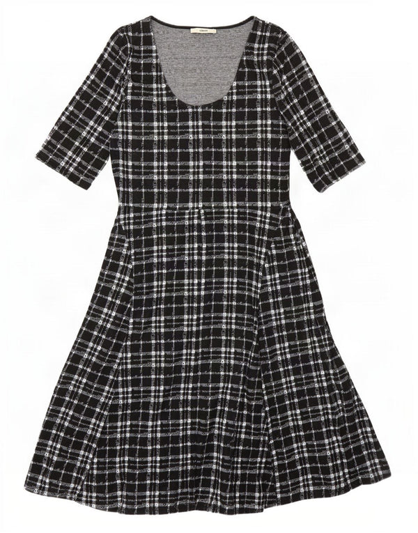 Oasis Womens 3/4 Sleeve A-Line Dress UK 14 Large Black Check Polyester