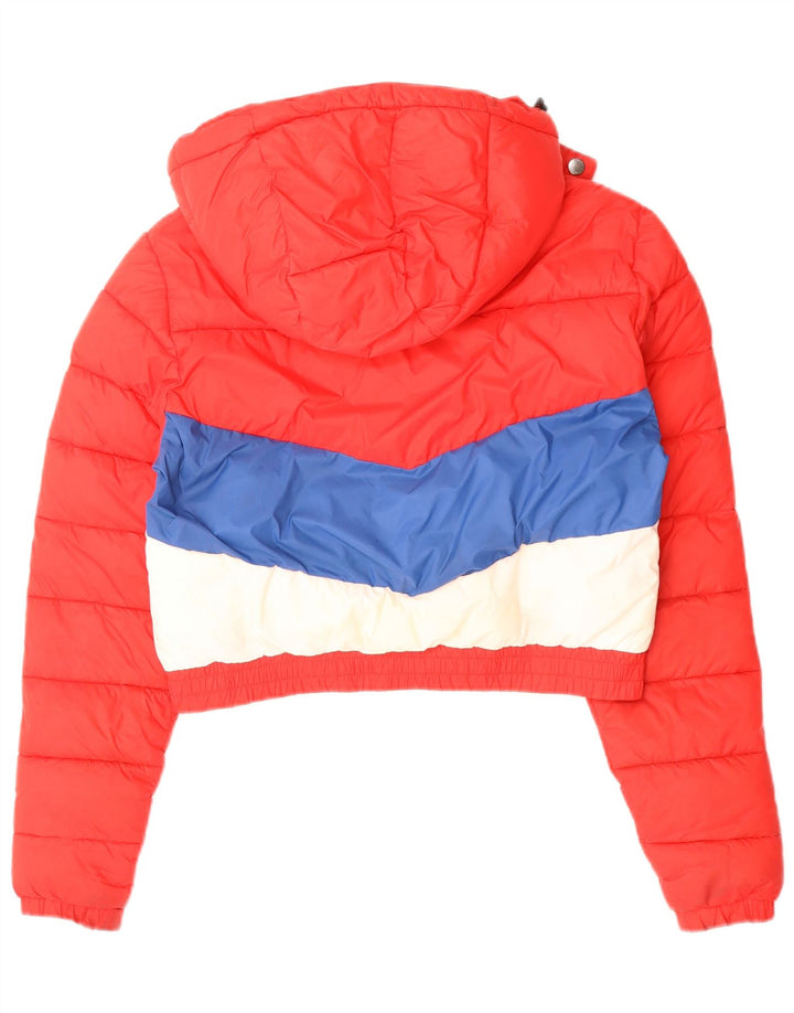 SUPERDRY Womens Crop Hooded Padded Jacket UK 10 Small Red Colourblock