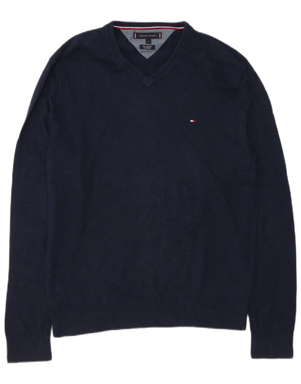 Tommy Hilfiger Mens V-Neck Jumper Sweater Large Navy Blue Cotton