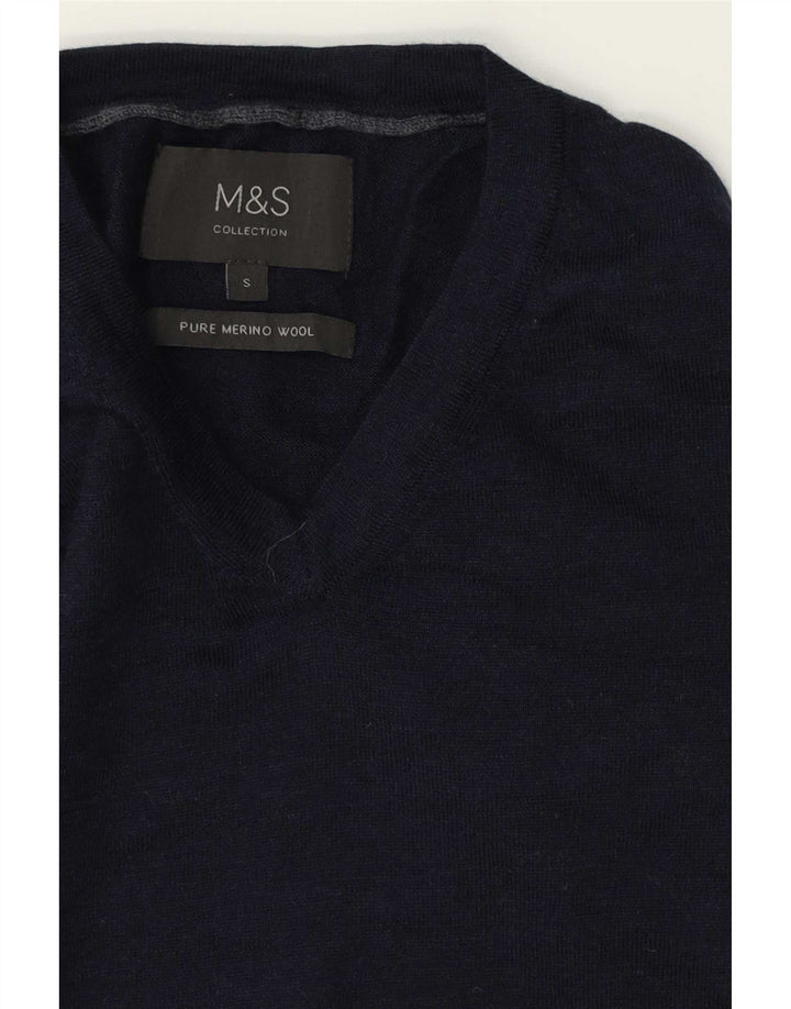 Marks & Spencer Mens V-Neck Jumper Sweater Small Navy Blue Merino Wool
