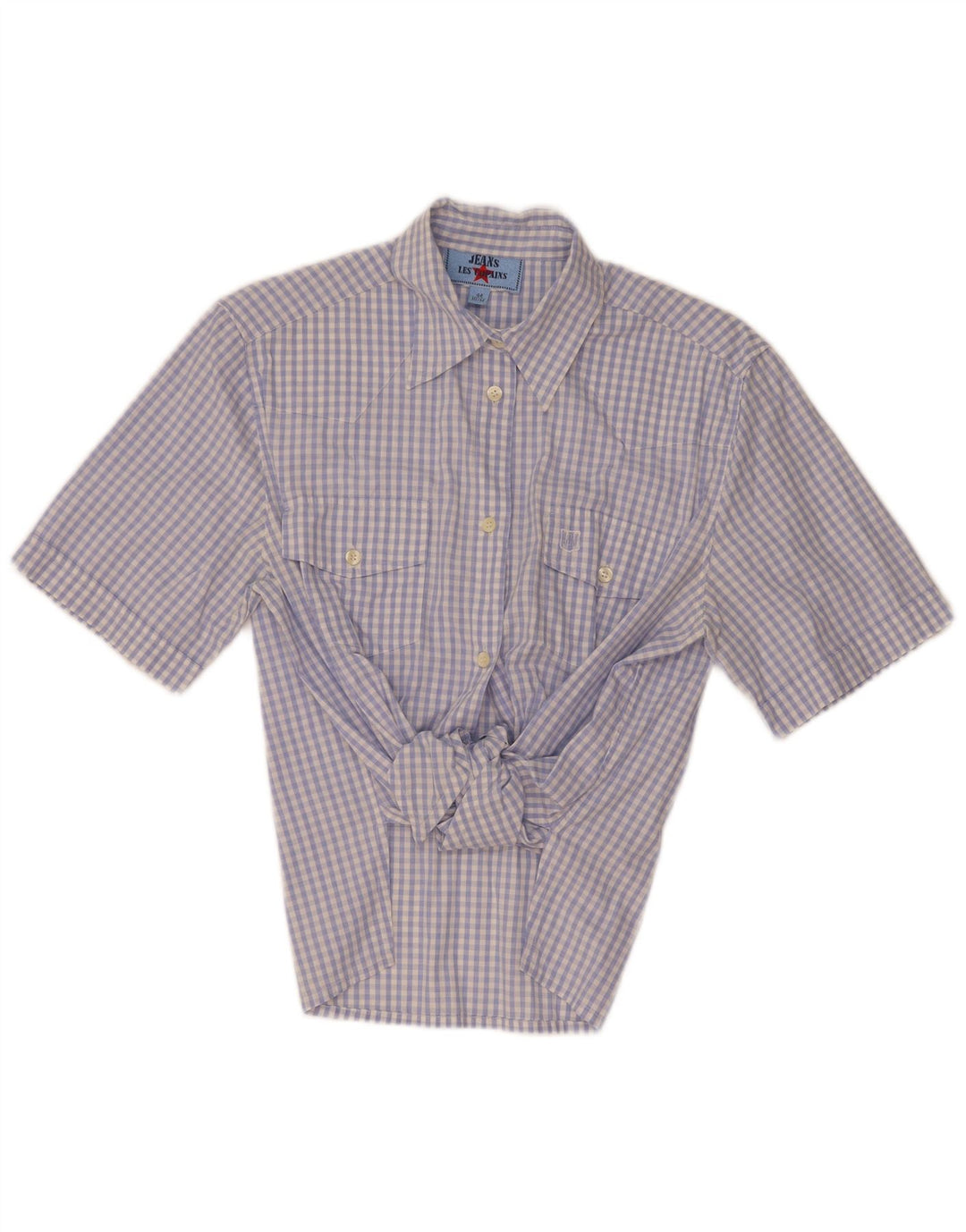 Les Copains Womens Short Sleeve Shirt Blouse IT 44 Medium Blue Gingham