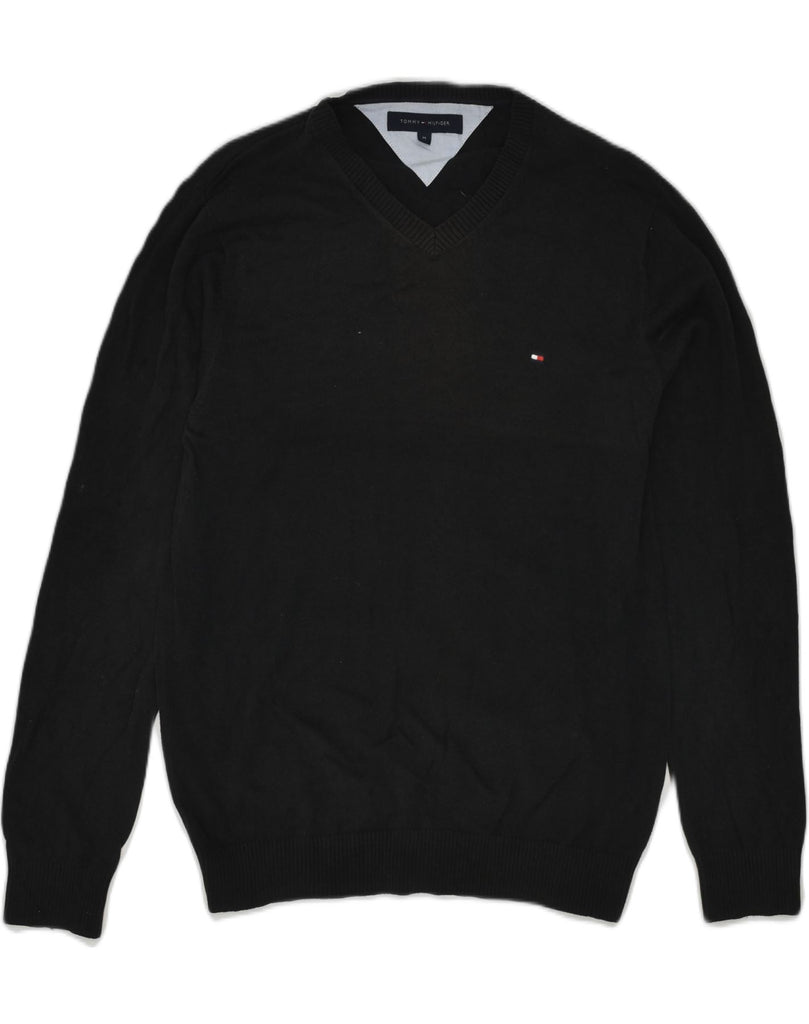 TOMMY HILFIGER Mens V-Neck Jumper Sweater Medium Black Cotton | Vintage Tommy Hilfiger | Thrift | Second-Hand Tommy Hilfiger | Used Clothing | Messina Hembry 