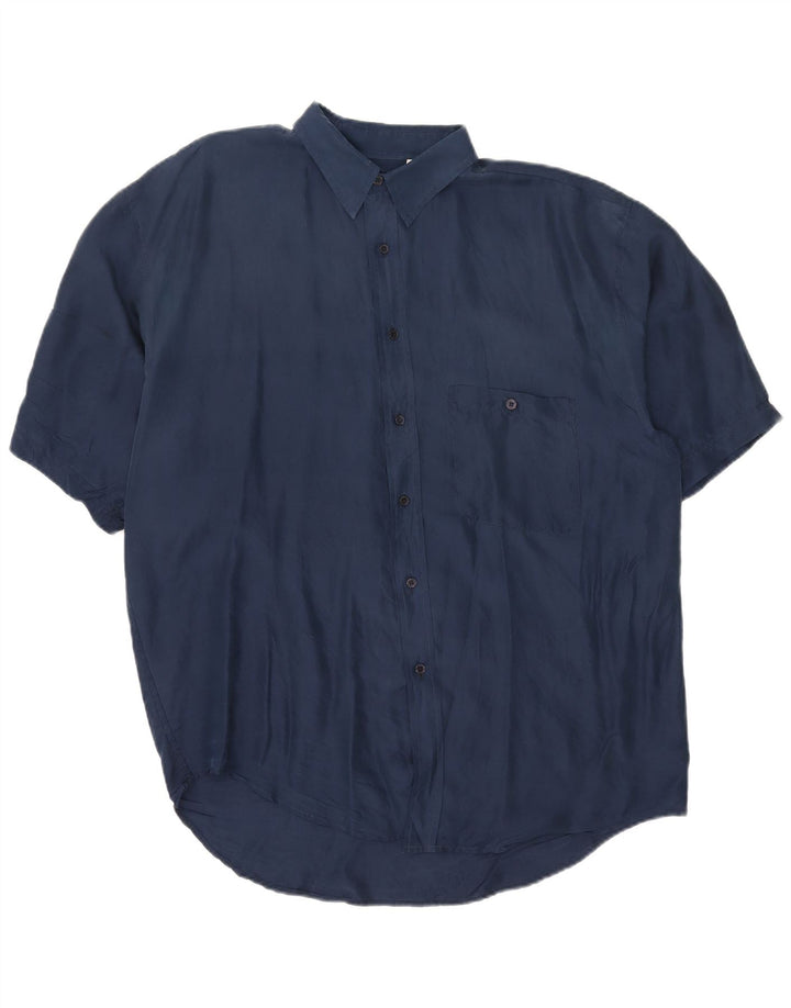 Vintage Mens Short Sleeve Shirt XL Navy Blue Silk