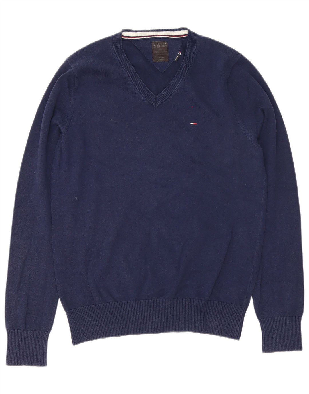 Tommy Hilfiger Mens V-Neck Jumper Sweater Medium Navy Blue Cotton