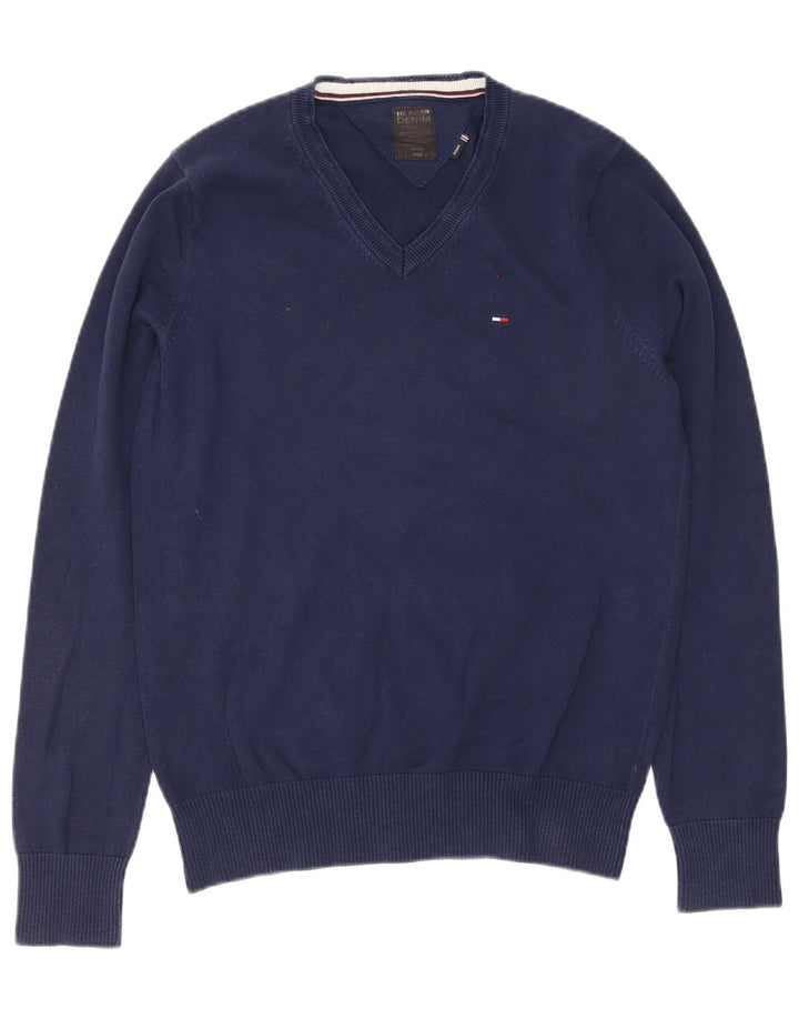 Tommy Hilfiger Mens V-Neck Jumper Sweater Medium Navy Blue Cotton