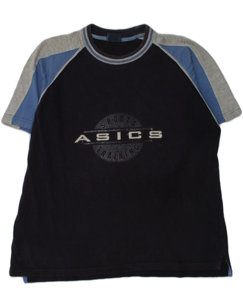 ASICS Boys Loose Fit Graphic T-Shirt Top 14-15 Years Navy Blue Colourblock | Vintage Asics | Thrift | Second-Hand Asics | Used Clothing | Messina Hembry 