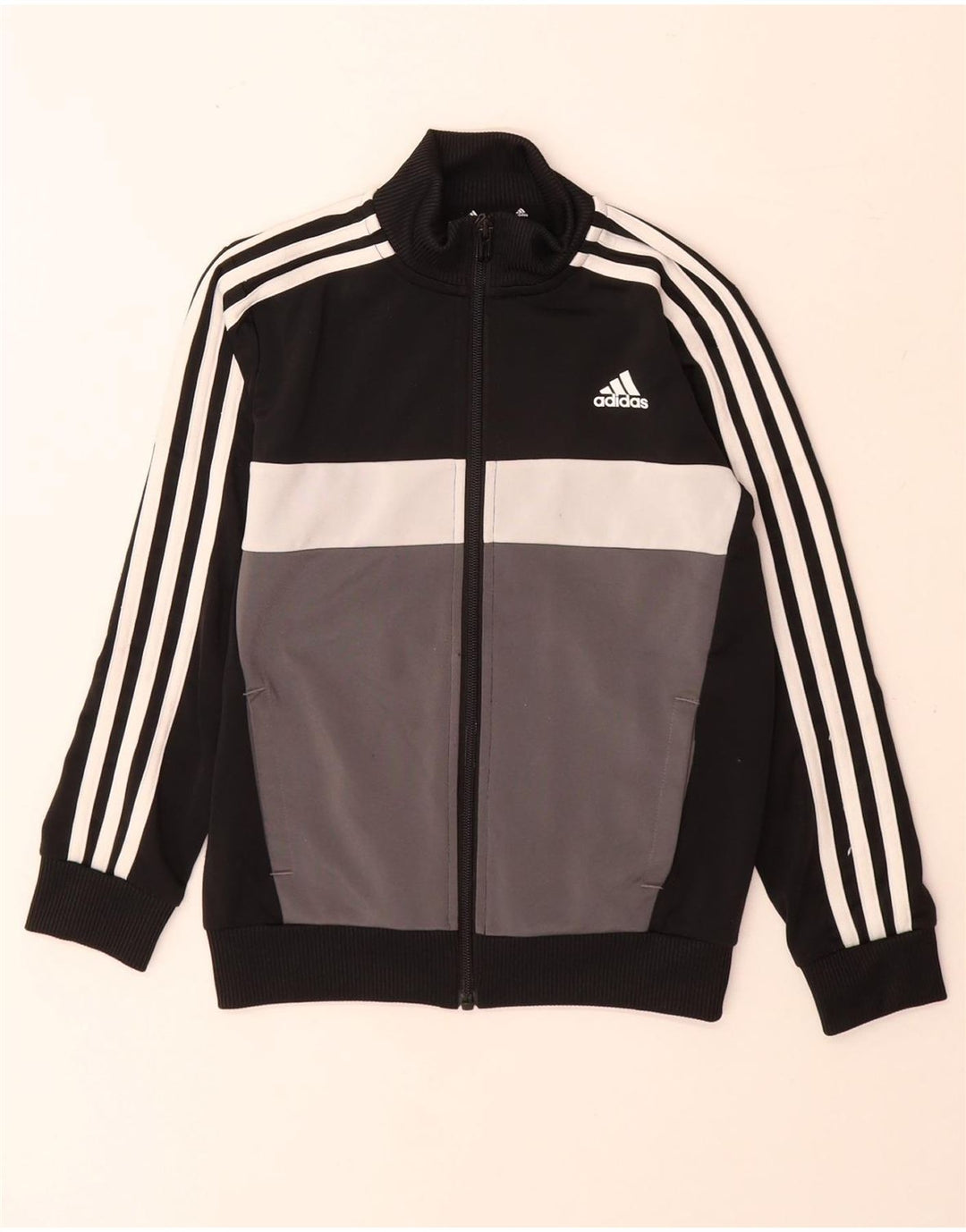 Adidas Boys Tracksuit Top Jacket 7-8 Years Black Colourblock Polyester