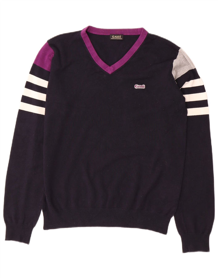 GAUDI Womens V-Neck Jumper Sweater UK 14 Medium Navy Blue Colourblock