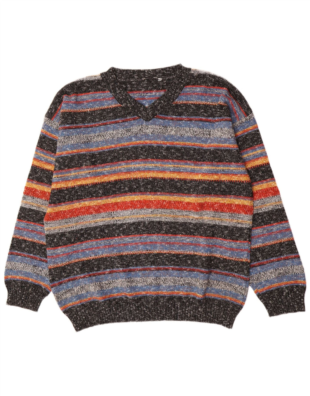 Vintage Mens V-Neck Jumper Sweater Large Multicoloured Striped Acrylic