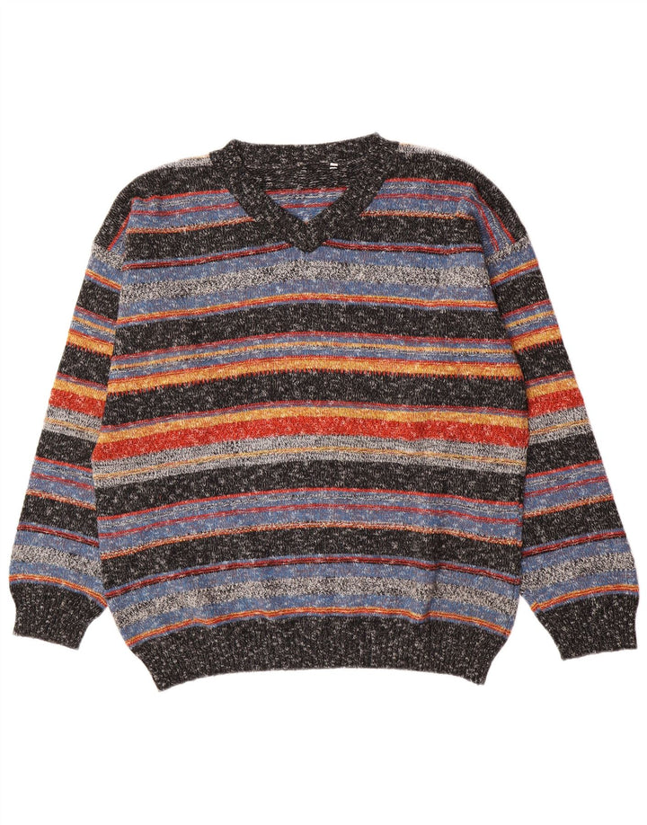 Vintage Mens V-Neck Jumper Sweater Large Multicoloured Striped Acrylic