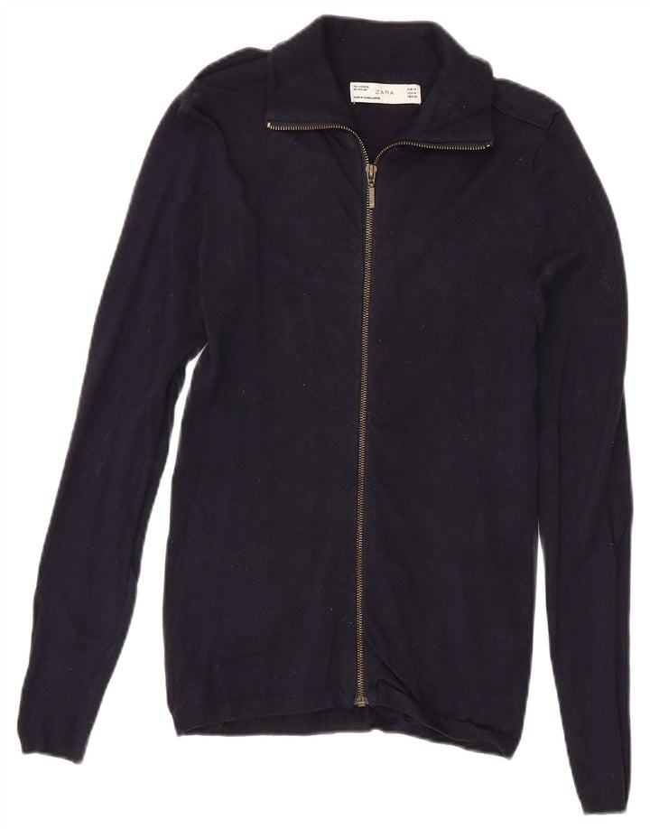 Zara Womens Zip Neck Jumper Sweater UK 12 Medium Navy Blue Viscose