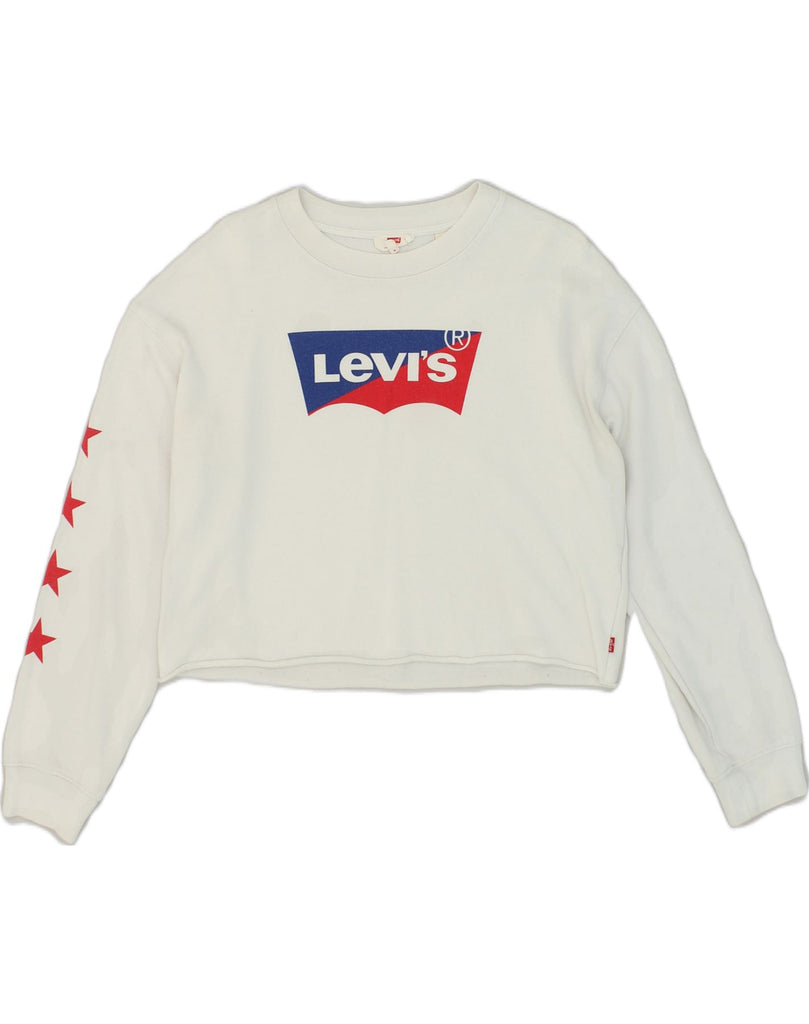 LEVI'S Womens Graphic Sweatshirt Jumper UK 6 XS White Cotton | Vintage Levi's | Thrift | Second-Hand Levi's | Used Clothing | Messina Hembry 