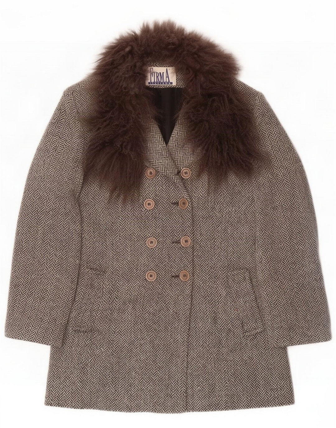 FIRMA Womens Double Breasted Overcoat UK 10 Small Grey Herringbone Wool
