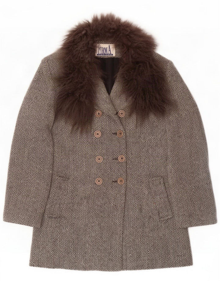 FIRMA Womens Double Breasted Overcoat UK 10 Small Grey Herringbone Wool