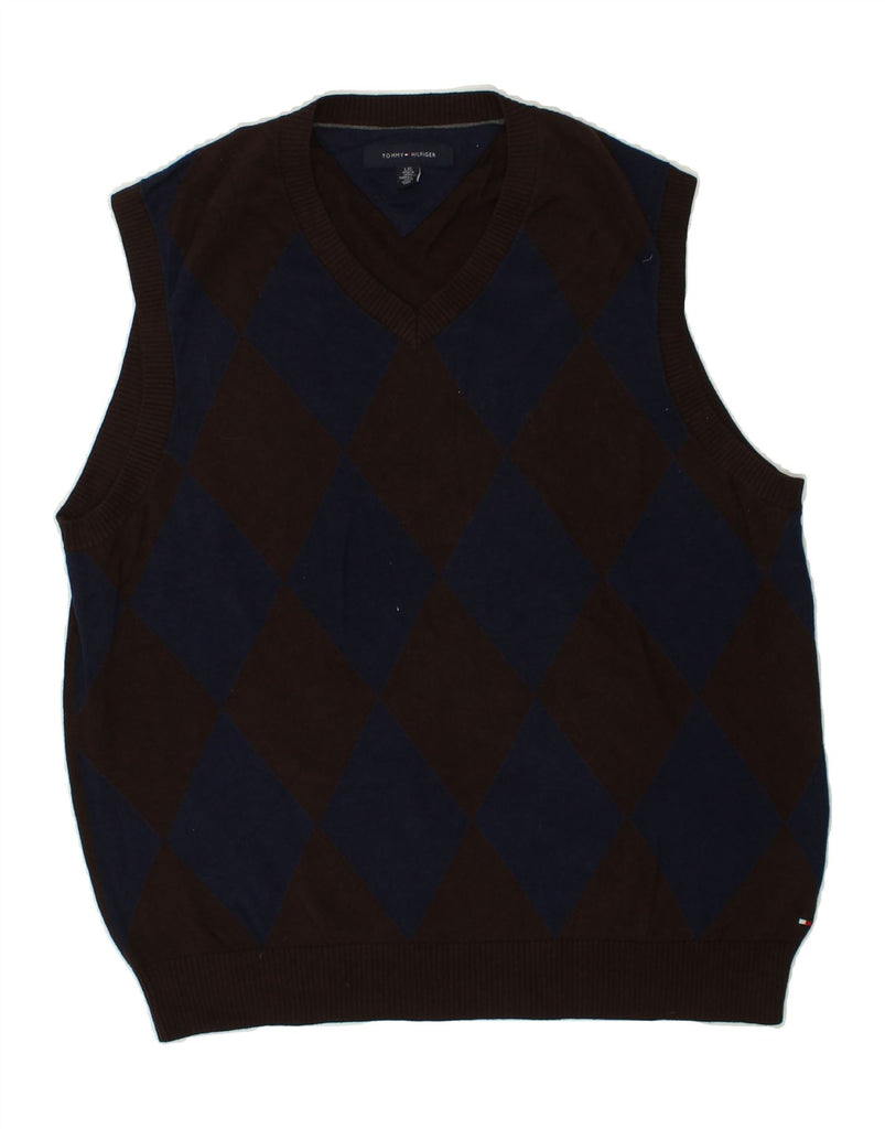 TOMMY HILFIGER Mens Vest Tank Top Large Brown Argyle/Diamond Cotton | Vintage Tommy Hilfiger | Thrift | Second-Hand Tommy Hilfiger | Used Clothing | Messina Hembry 