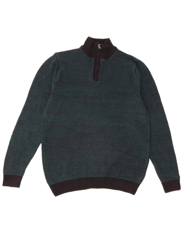 Marks & Spencer Mens Zip Neck Jumper Sweater Medium Green Striped Cotton